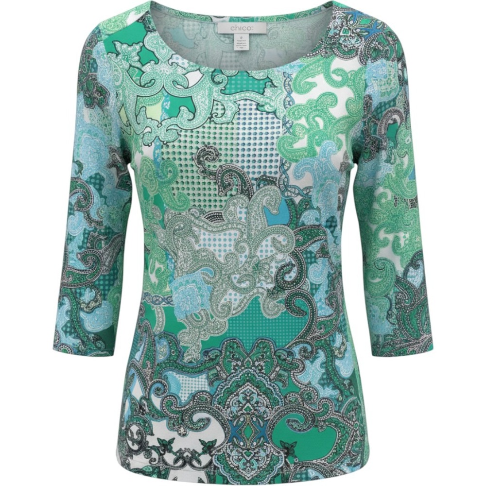 Chicos Zenergy Womens Green Paisley Print Scoop Neck 3/4 Sleeve Top Size 1P 8/10